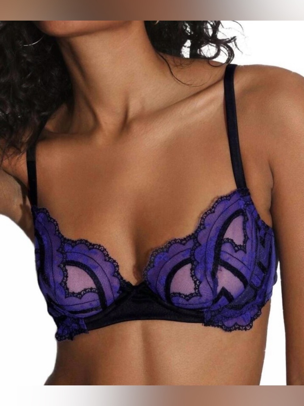 NEW FLEUR DU MAL hendrix embroidered demi bra in blue/black 34D